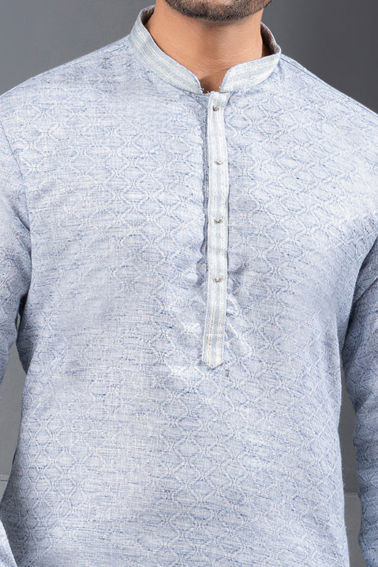Light Blue Printed Cotton Silk Kurta Pajama (NMK-8717) - Nihal Fashions