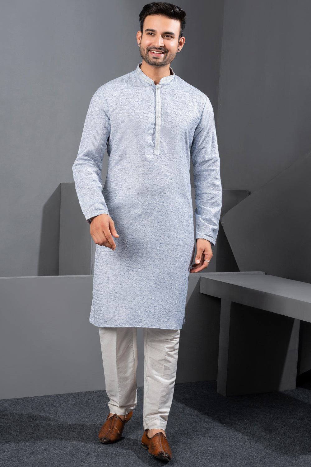Light Blue Printed Cotton Silk Kurta Pajama (NMK-8717) - Nihal Fashions