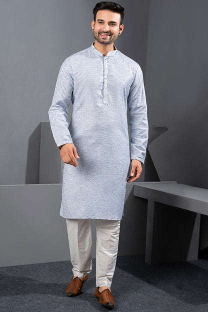 Light Blue Printed Cotton Silk Kurta Pajama (NMK-8717) - Nihal Fashions