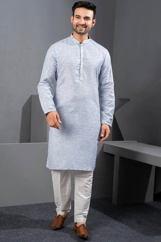 Light Blue Printed Cotton Silk Kurta Pajama (NMK-8717) - Nihal Fashions