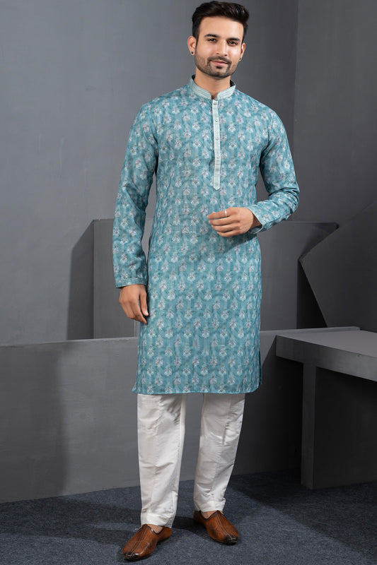 Light Blue Printed Cotton Silk Kurta Pajama (NMK-8783) - Nihal Fashions