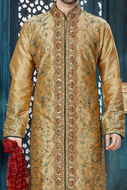 Light Brown Art Dupion Designer Kurta Pajama (NMK-3827)