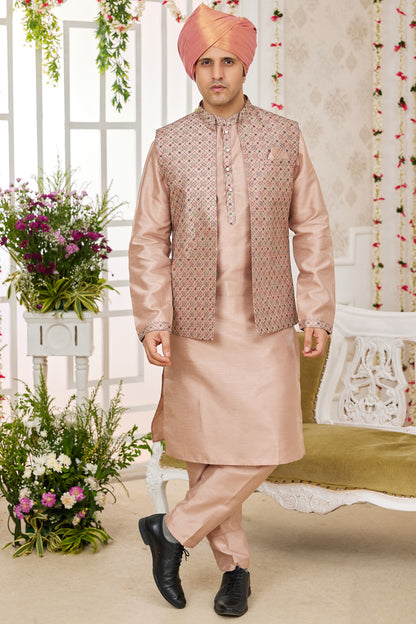 Light Brown Art Silk 3 piece Jacket Set (NMK-7972) - Nihal Fashions