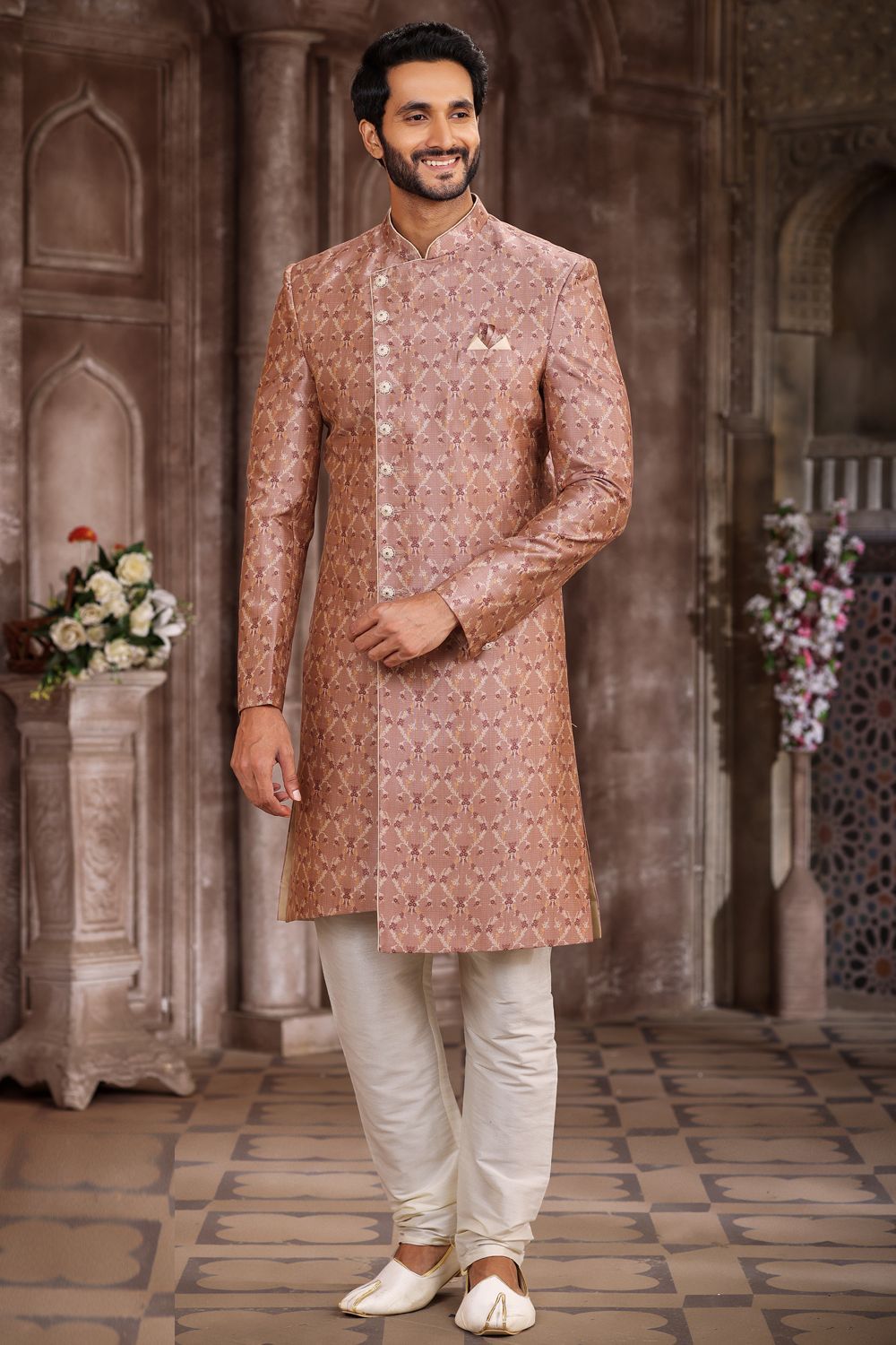 Light Brown Art Silk Mens Sherwani (NMK-6875) - Nihal Fashions