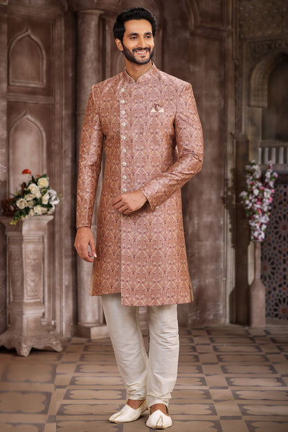 Light Brown Art Silk Mens Sherwani (NMK-6875) - Nihal Fashions
