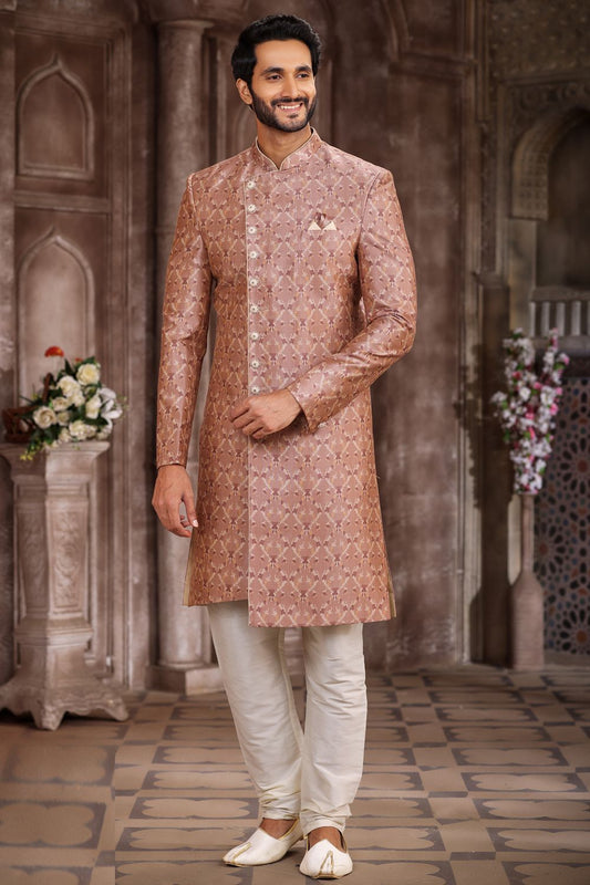 Light Brown Art Silk Mens Sherwani (NMK-6875) - Nihal Fashions