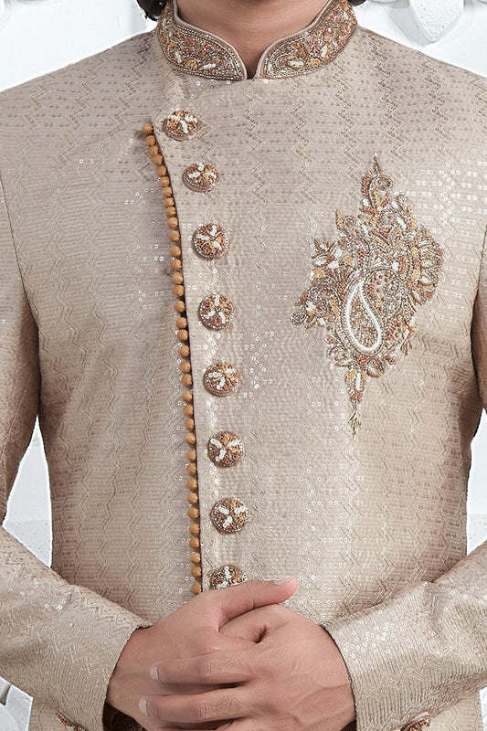 Light Brown Art Silk Sherwani (NMK-7709) - Nihal Fashions