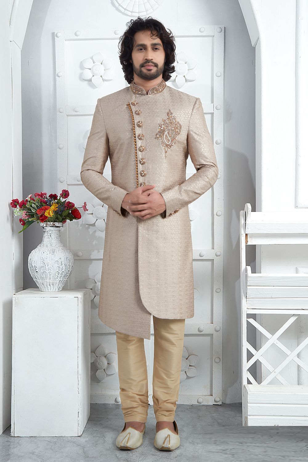Light Brown Art Silk Sherwani (NMK-7709) - Nihal Fashions