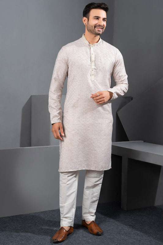 Light Brown Printed Cotton Silk Kurta Pajama (NMK-8718) - Nihal Fashions