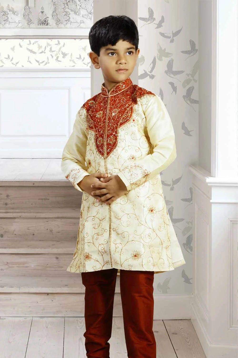 Light Gold Art Dupion Boys Sherwani  (NKK-126)