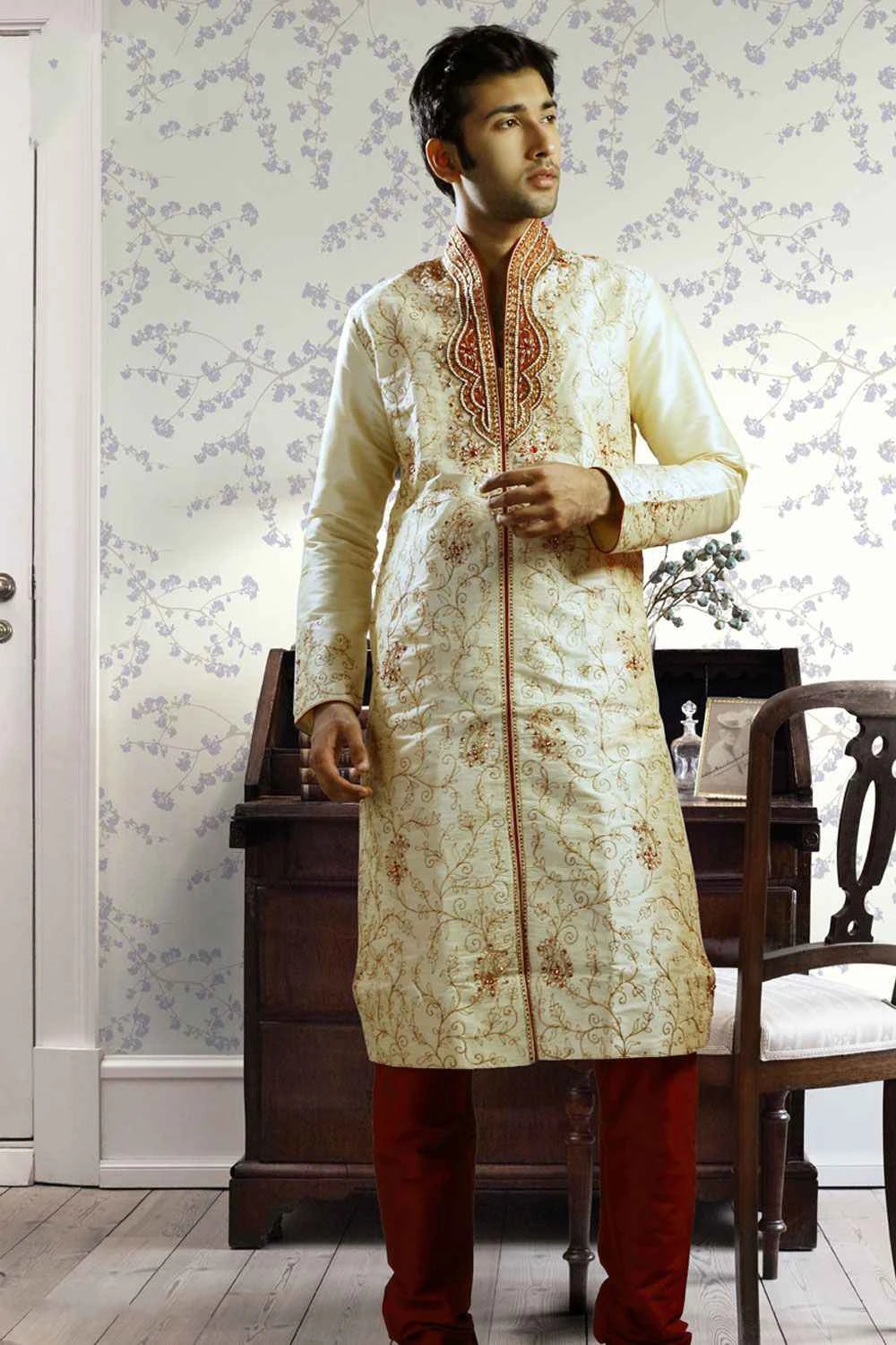 Light Gold Art Dupion Designer Kurta Pajama (NMK-1039)