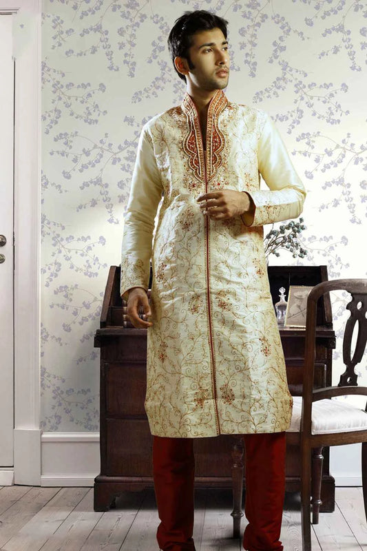 Light Gold Art Dupion Designer Kurta Pajama (NMK-1039)