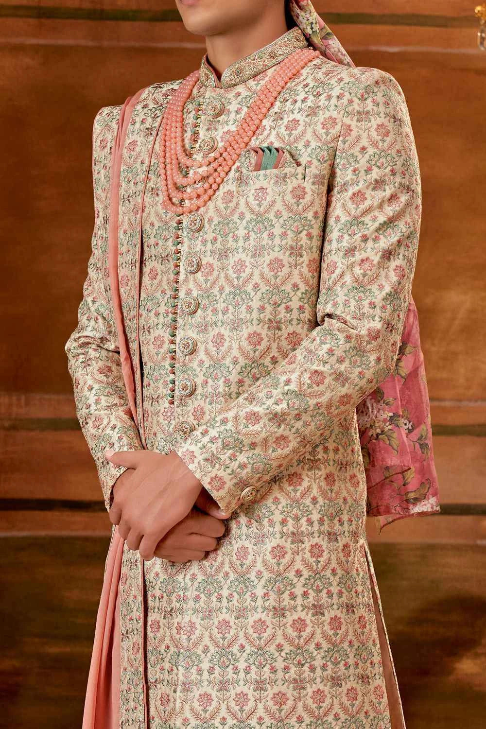 Light Gold Art Embroidered Silk Sherwani (NMK-6407)