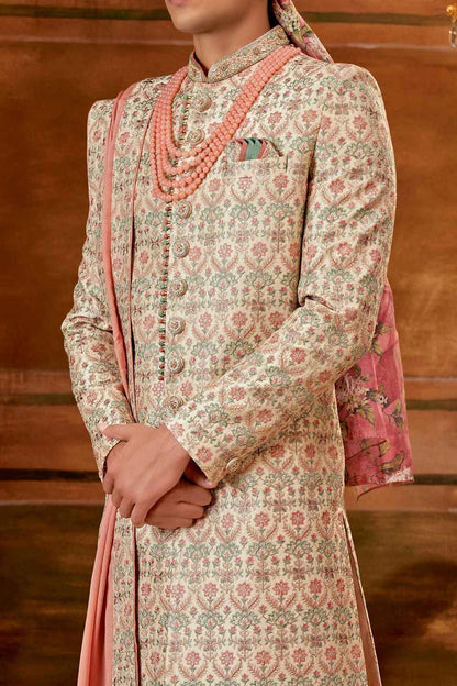 Light Gold Art Embroidered Silk Sherwani (NMK-6407)