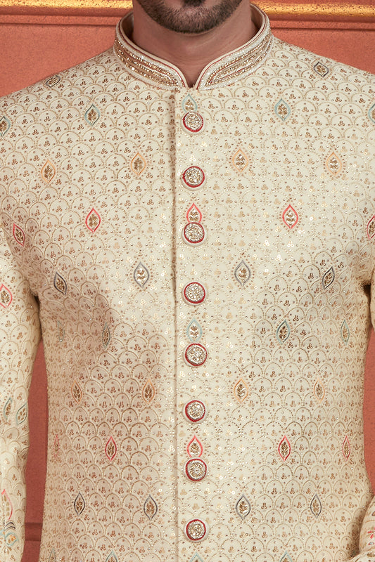Light Gold Art Silk Sherwani (NMK-7896) - Nihal Fashions