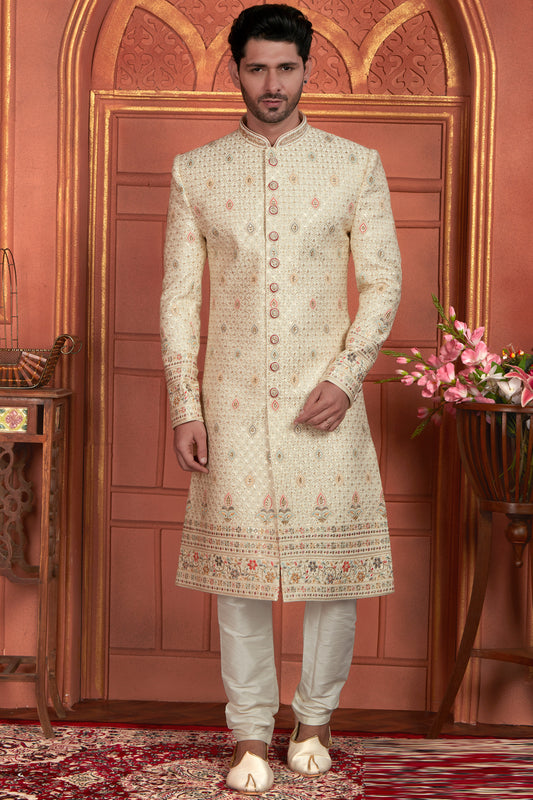 Light Gold Art Silk Sherwani (NMK-7896) - Nihal Fashions