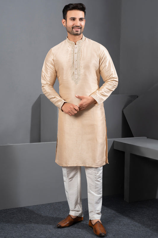 Light Gold Banglori Silk Kurta Pajama (NMK-8712) - Nihal Fashions