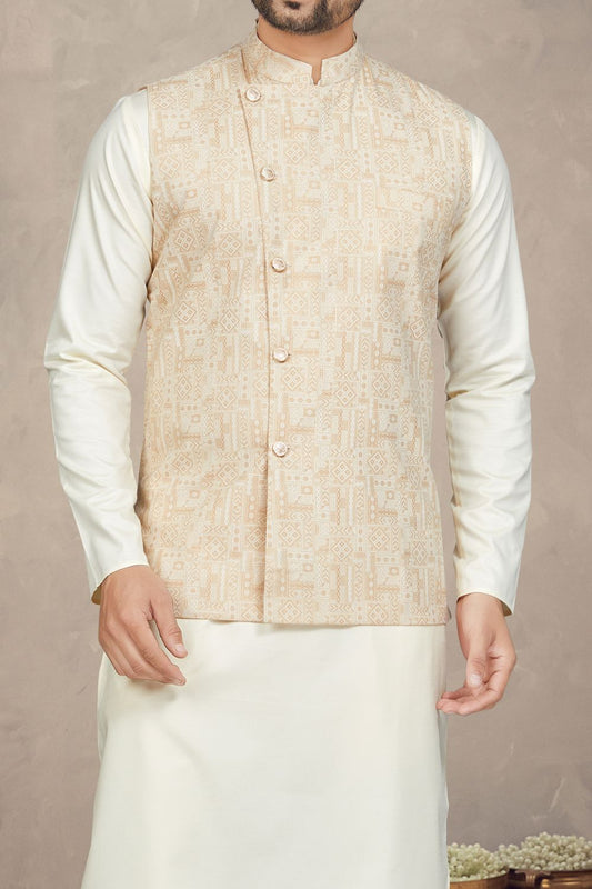 Light Gold Cotton Mens Nehru Jacket (NMK-6952) - Nihal Fashions