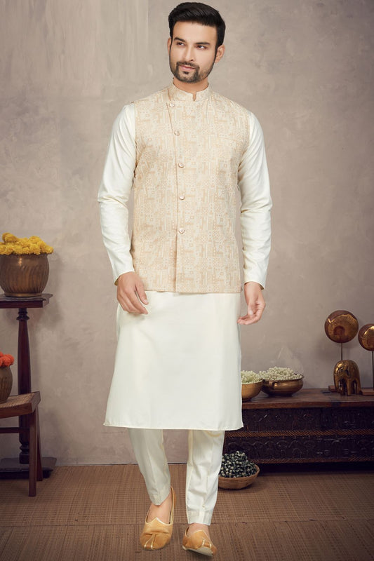 Light Gold Cotton Mens Nehru Jacket (NMK-6952) - Nihal Fashions