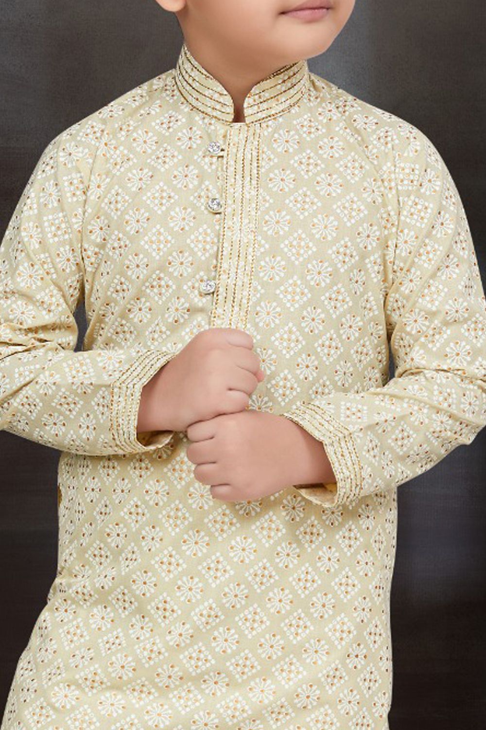 Light Gold Cotton Printed Boys Kurta Pajama (NKK-779) - Nihal Fashions