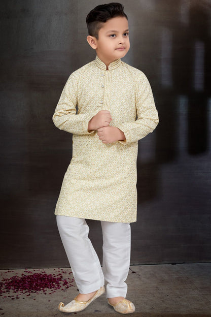 Light Gold Cotton Printed Boys Kurta Pajama (NKK-779) - Nihal Fashions