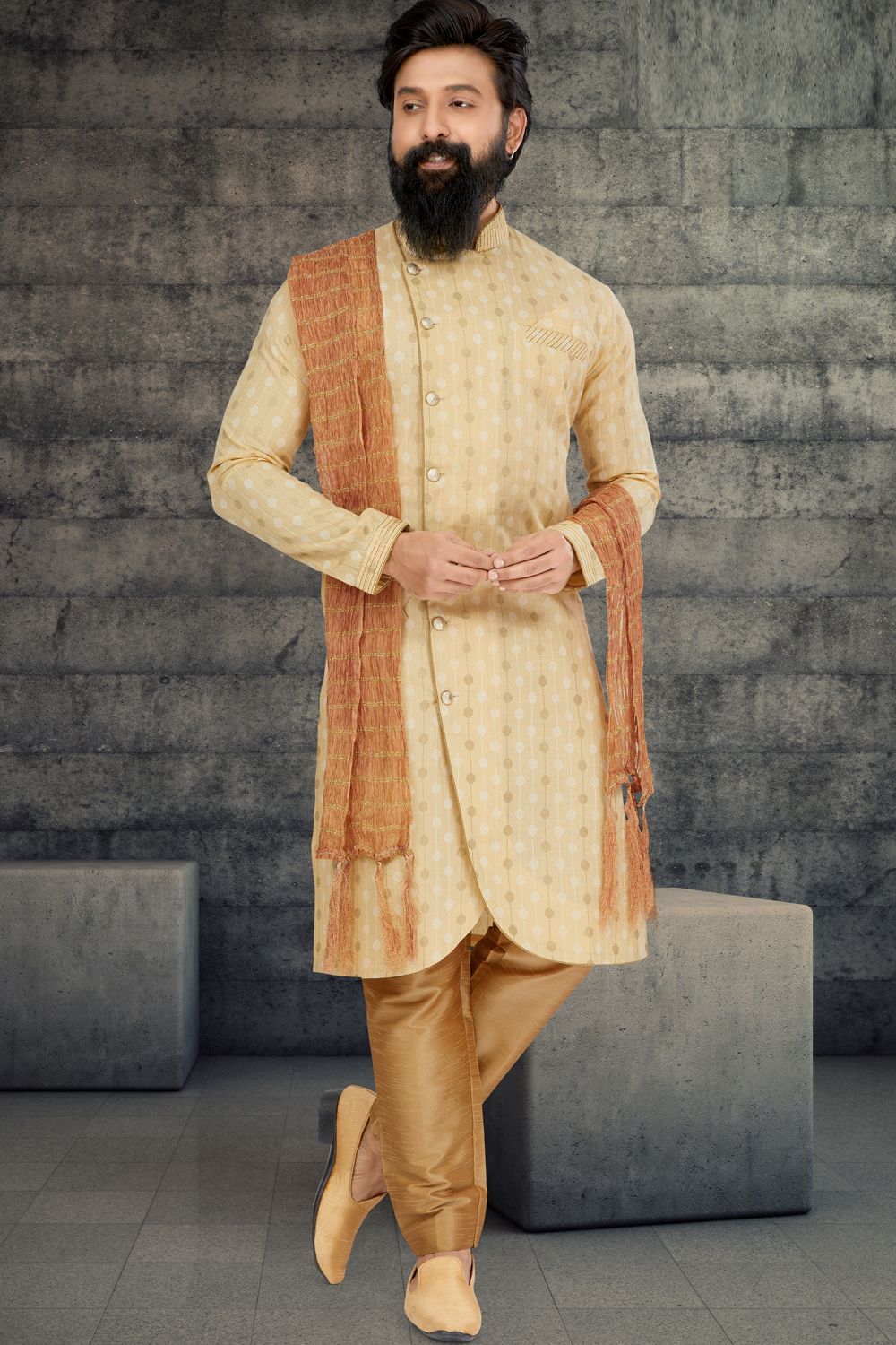 Light Gold Cotton Silk Indo Western (NMK-6777) - Nihal Fashions