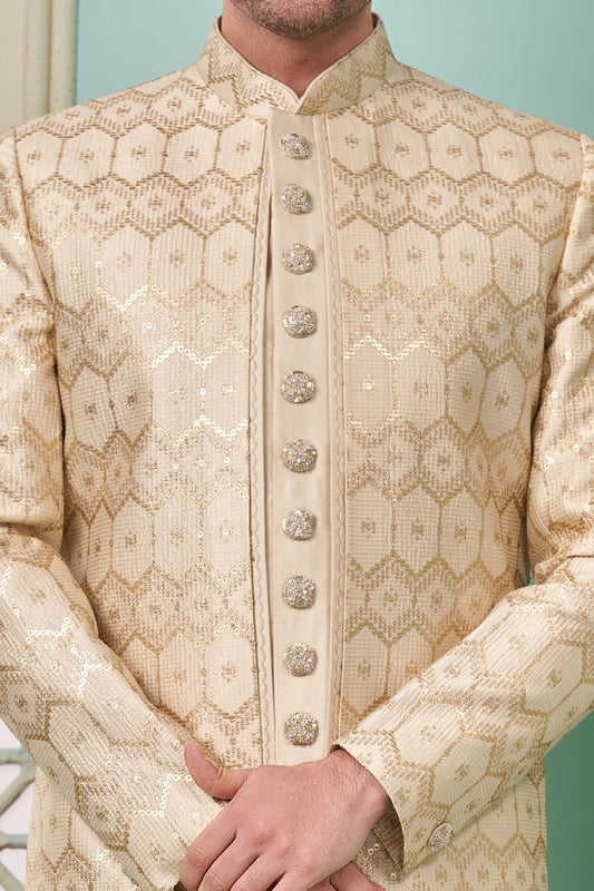 Light Gold Embroidered Art Silk Indo Western (NMK-7657) - Nihal Fashions