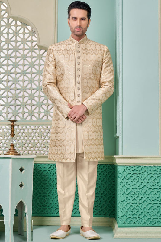 Light Gold Embroidered Art Silk Indo Western (NMK-7657) - Nihal Fashions