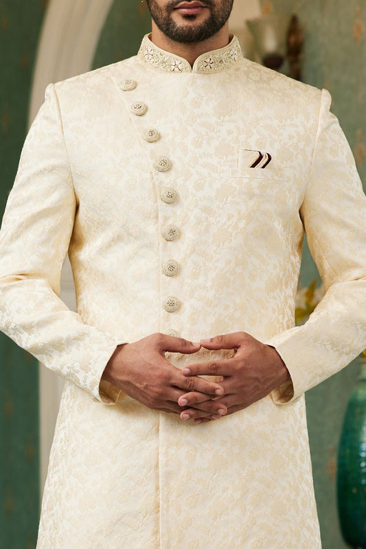 Light Gold Imported Jaquard Silk Indo Western (NMK-7143) - Nihal Fashions