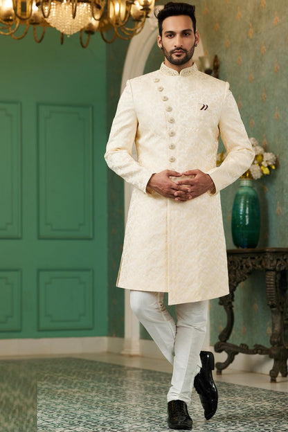 Light Gold Imported Jaquard Silk Indo Western (NMK-7143) - Nihal Fashions