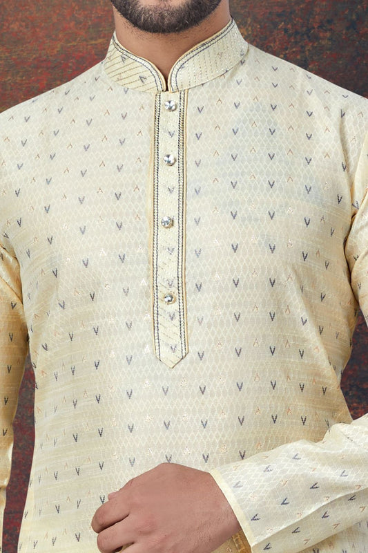 Light Gold Jaquard Kurta Pajama (NMK-7825) - Nihal Fashions
