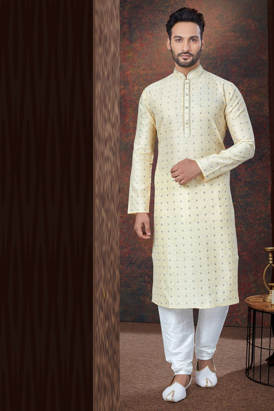 Light Gold Jaquard Kurta Pajama (NMK-7825) - Nihal Fashions