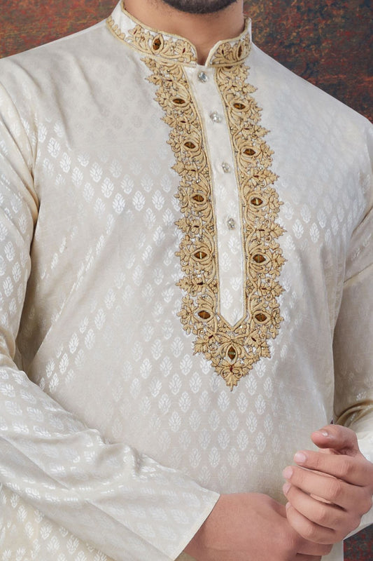 Light Gold Jaquard Kurta Pajama (NMK-7835) - Nihal Fashions