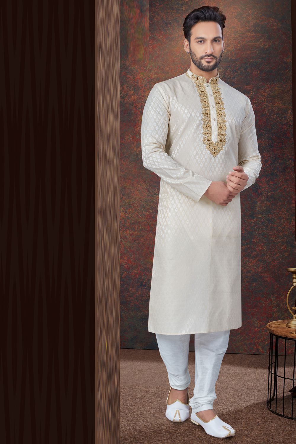 Light Gold Jaquard Kurta Pajama (NMK-7835) - Nihal Fashions