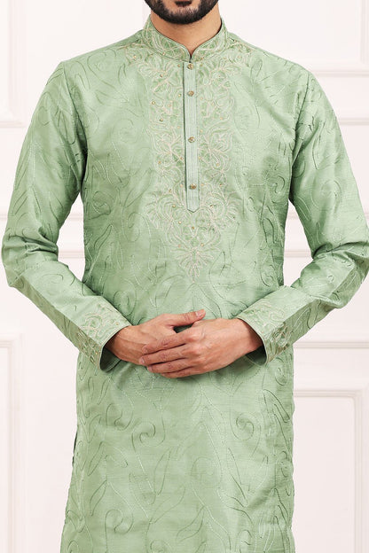 Light Green Art Banarasi Silk Mens Kurta (NMK-7013) - Nihal Fashions
