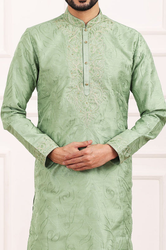 Light Green Art Banarasi Silk Mens Kurta (NMK-7013) - Nihal Fashions