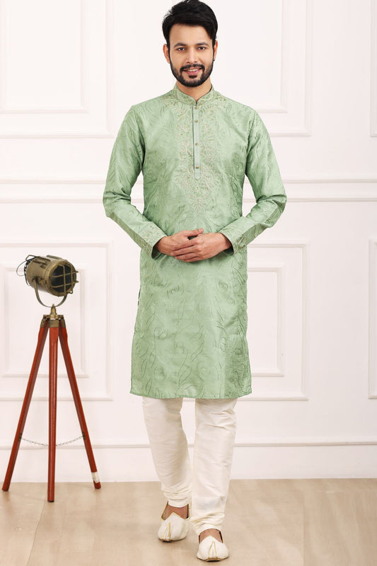 Light Green Art Banarasi Silk Mens Kurta (NMK-7013) - Nihal Fashions