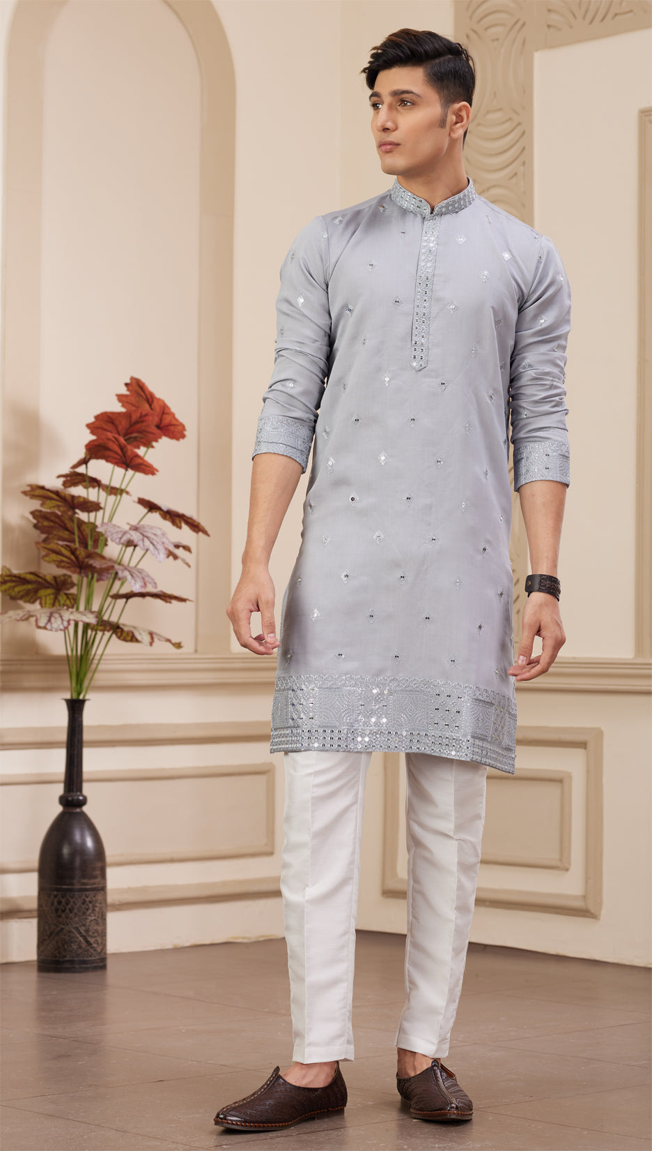 Light Grey Art Silk Kurta Pajama (NMK-8368) - Nihal Fashions