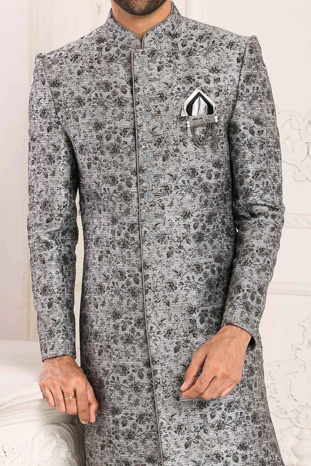 Light Grey Brocade Jaquard Indo Western (NMK-6114)