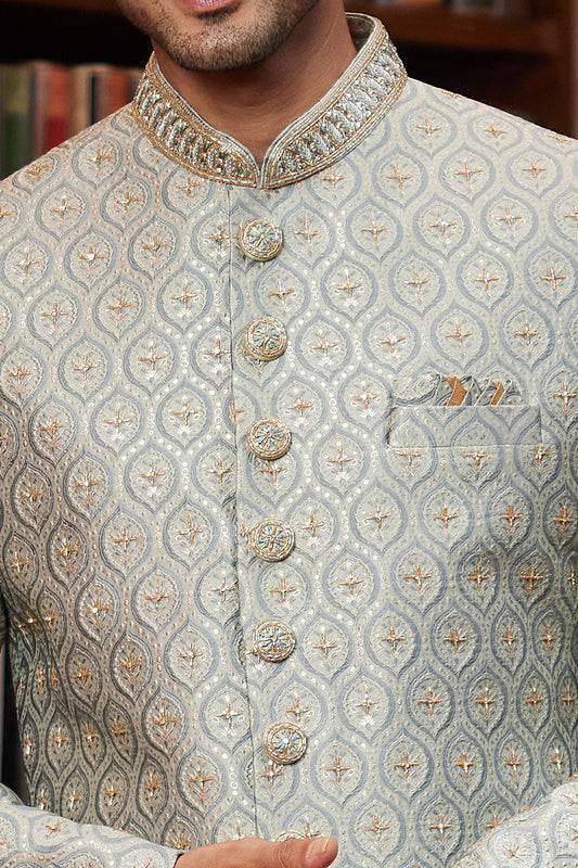 Light Grey Imported Jaquard Silk Sherwani (NMK-8286) - Nihal Fashions