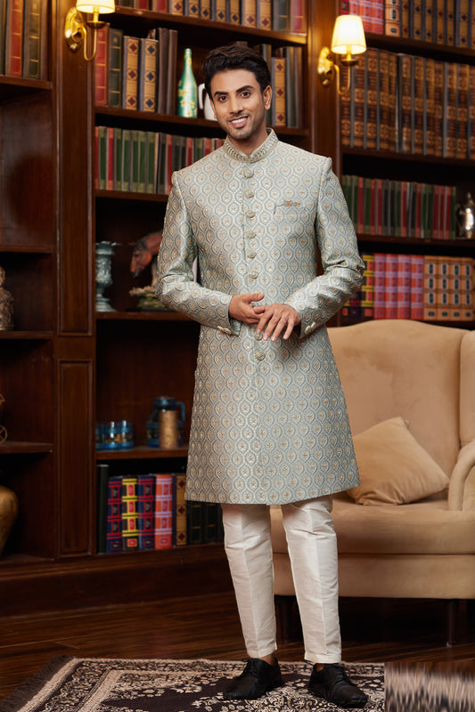 Light Grey Imported Jaquard Silk Sherwani (NMK-8286) - Nihal Fashions