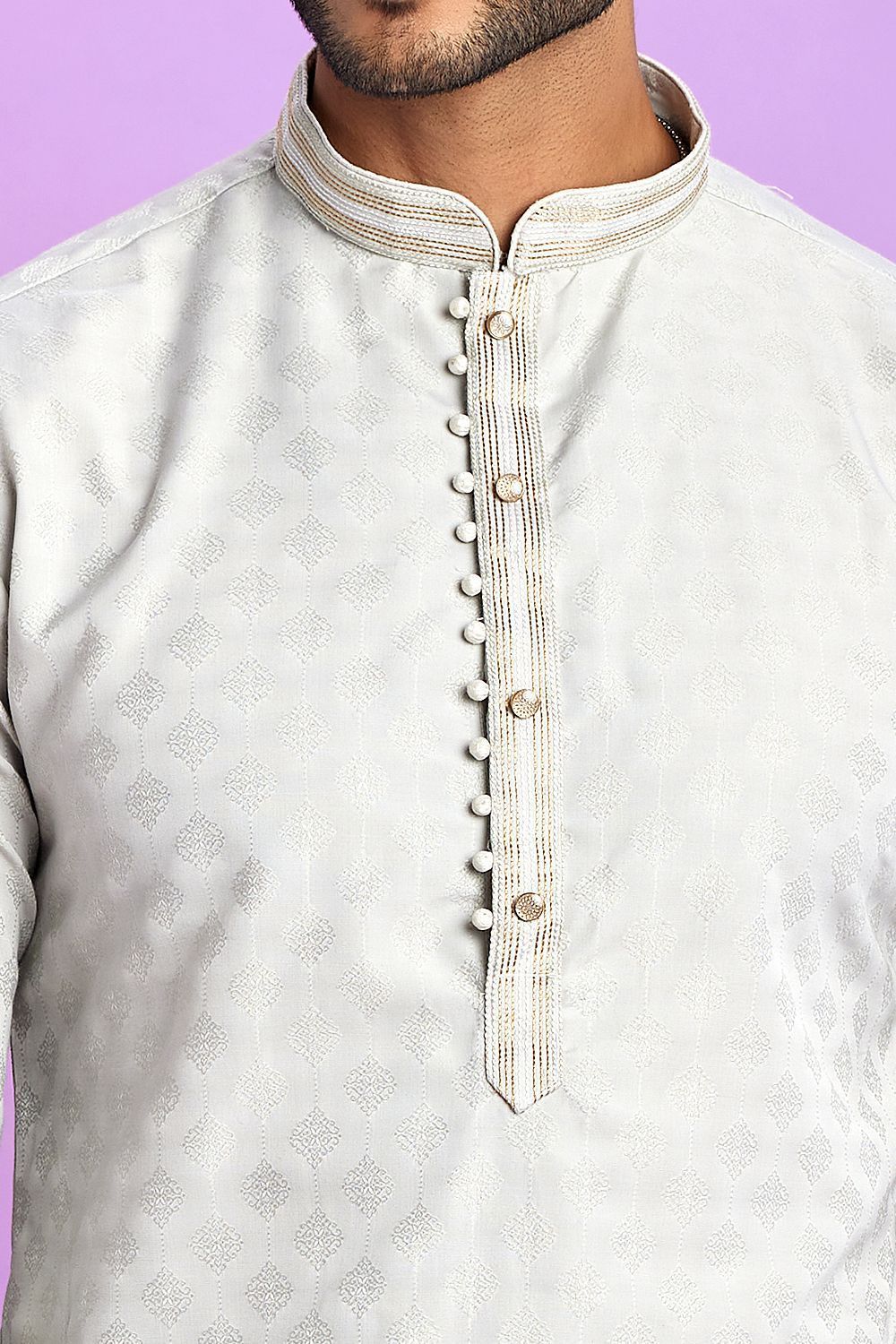 Light Grey Jaquard Silk Kurta Pajama (NMK-7569) - Nihal Fashions