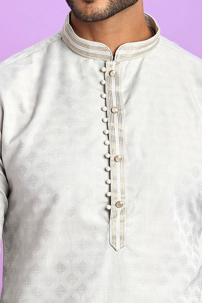 Light Grey Jaquard Silk Kurta Pajama (NMK-7569) - Nihal Fashions
