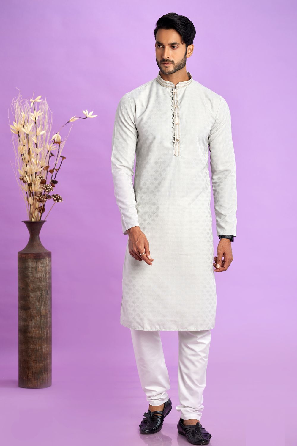 Light Grey Jaquard Silk Kurta Pajama (NMK-7569) - Nihal Fashions