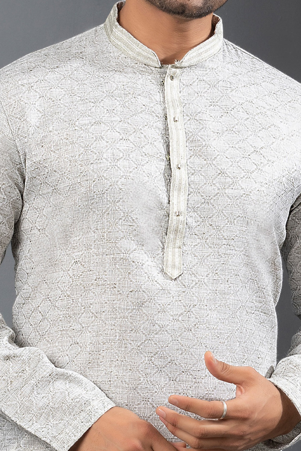 Light Grey Printed Cotton Silk Kurta Pajama (NMK-8724) - Nihal Fashions