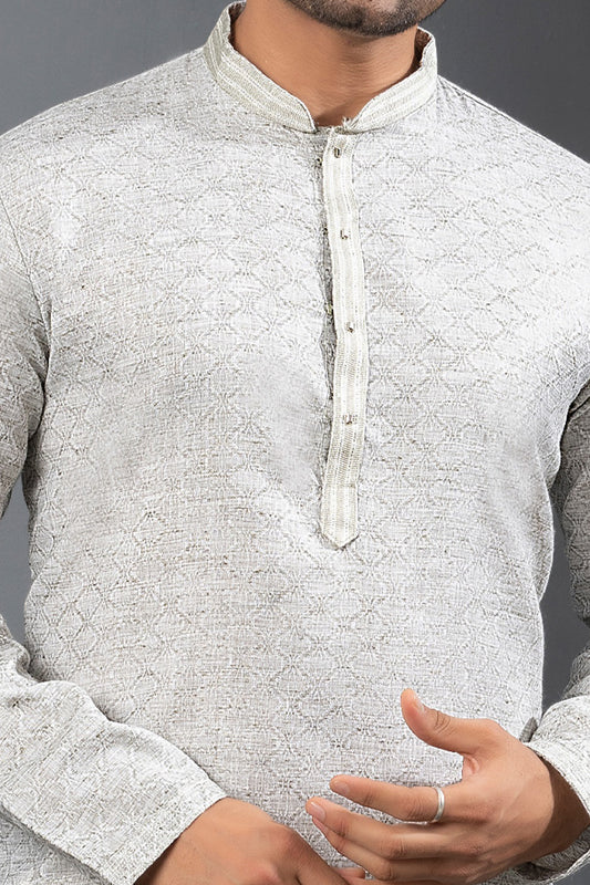 Light Grey Printed Cotton Silk Kurta Pajama (NMK-8724) - Nihal Fashions