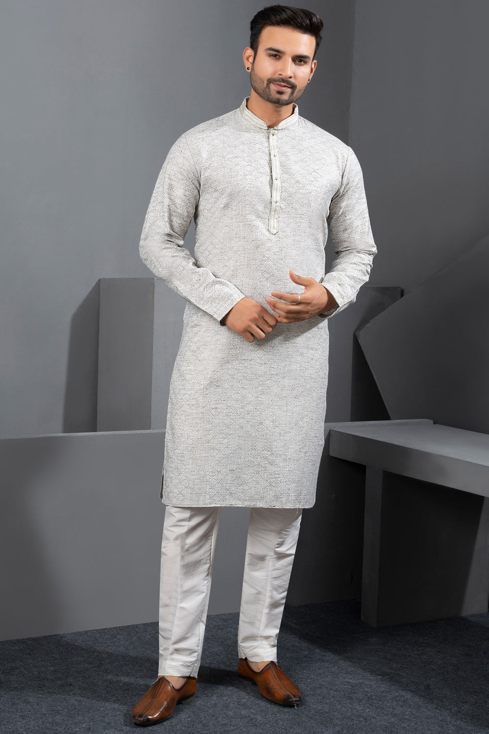 Light Grey Printed Cotton Silk Kurta Pajama (NMK-8724) - Nihal Fashions