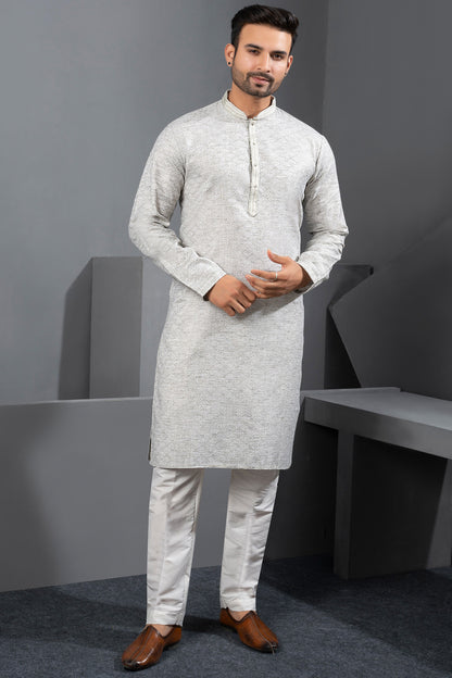 Light Grey Printed Cotton Silk Kurta Pajama (NMK-8724) - Nihal Fashions