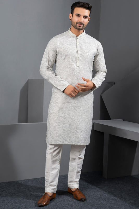 Light Grey Printed Cotton Silk Kurta Pajama (NMK-8724) - Nihal Fashions