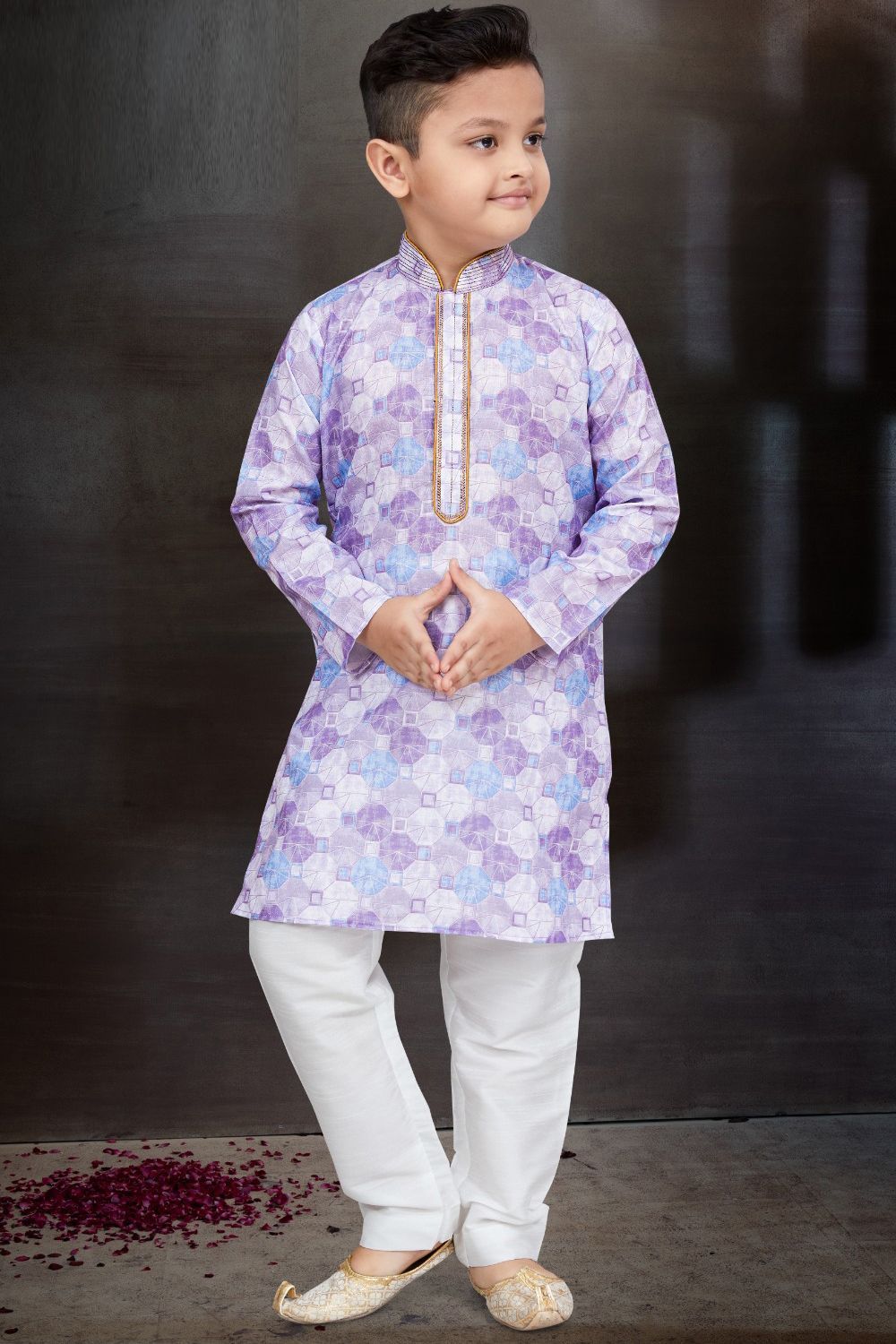 Light Lavender Cotton Printed Boys Kurta Pajama (NKK-773) - Nihal Fashions